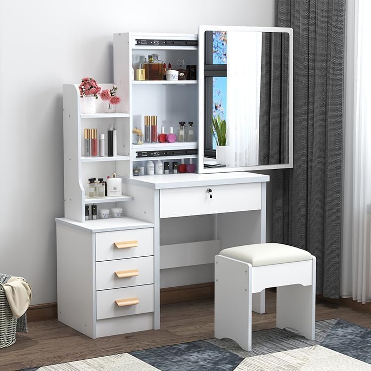 Coiffeuse avec miroir et tabouret, petite table de maquillage avec lumières LED (3 modes de couleur), tiroirs de rangement et étagères