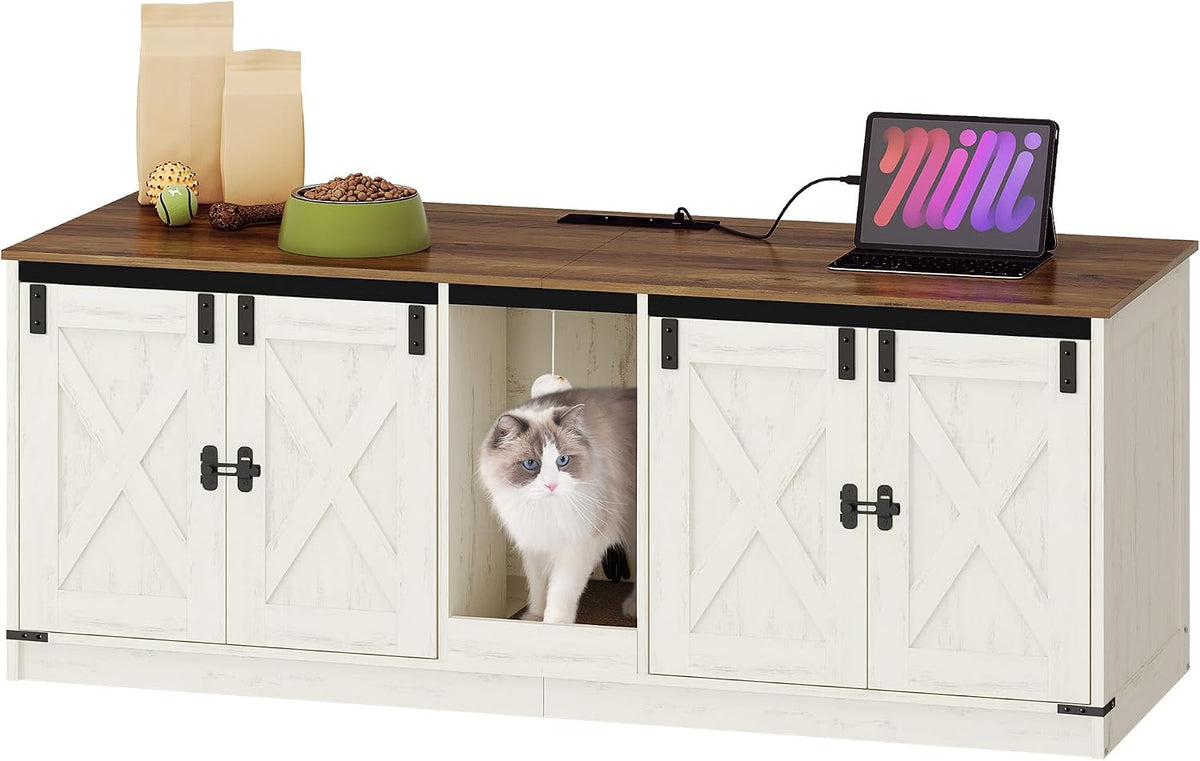 Hzuaneri Maison de Toilette Chat, Meuble Litiere avec Ports USB et Prises électriques, 140 cm de Meuble à Litière Caché pour 2 Chats