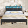 Lit 160x200 avec Sommier, Lit Double avec LED Réglable et Multiprise, Étagères Ouvertes et Rangement sous Sommier, Cadre de Lits 160x200 Capitonné