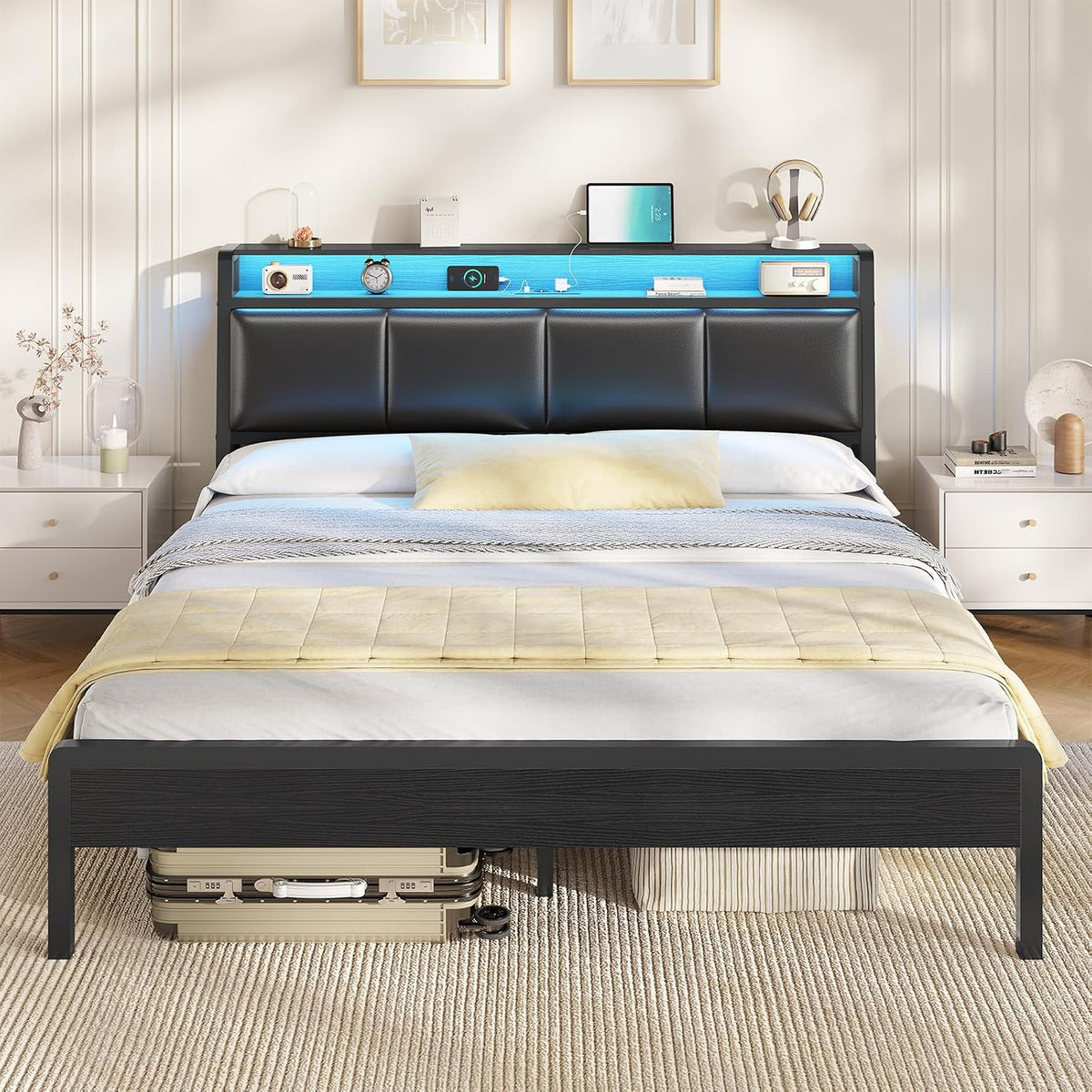 Lit 160x200 avec Sommier, Lit Double avec LED Réglable et Multiprise, Étagères Ouvertes et Rangement sous Sommier, Cadre de Lits 160x200 Capitonné