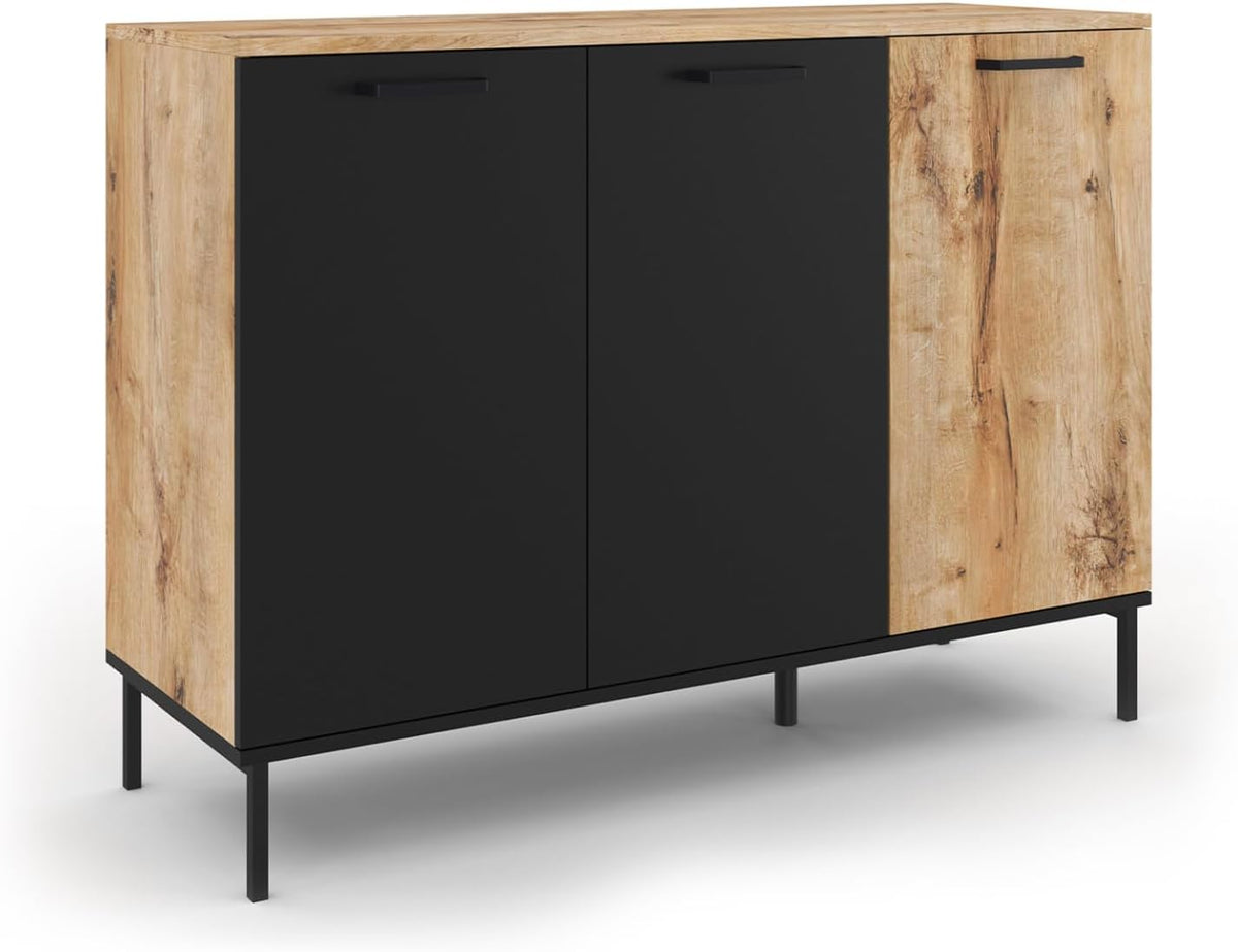 IDMarket - Buffet 110 cm Oakland 3 Portes Bois et Noir Design Industriel