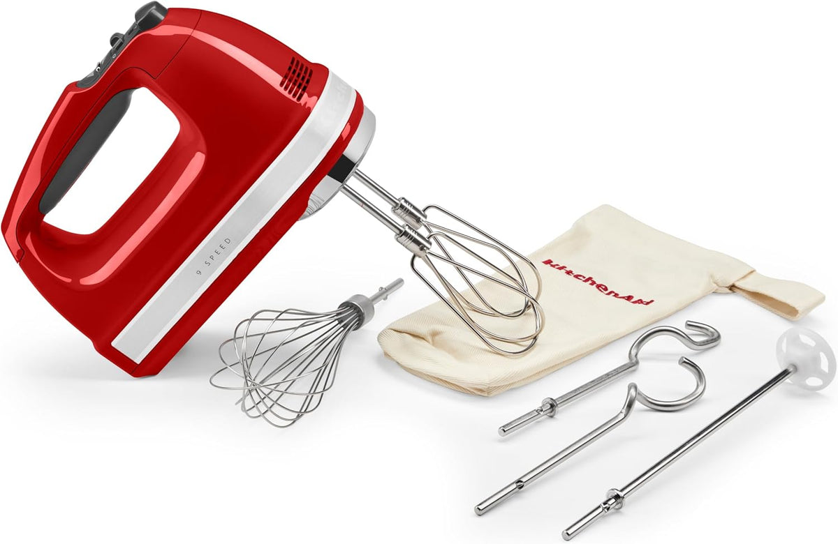 KitchenAid Batteur à Main 9 Vitesses, Moteur CC 85W Silencieux avec Démarrage Doux, 6 Accessoires, Fouets, Crochets & Tige, Cordon Pivotant