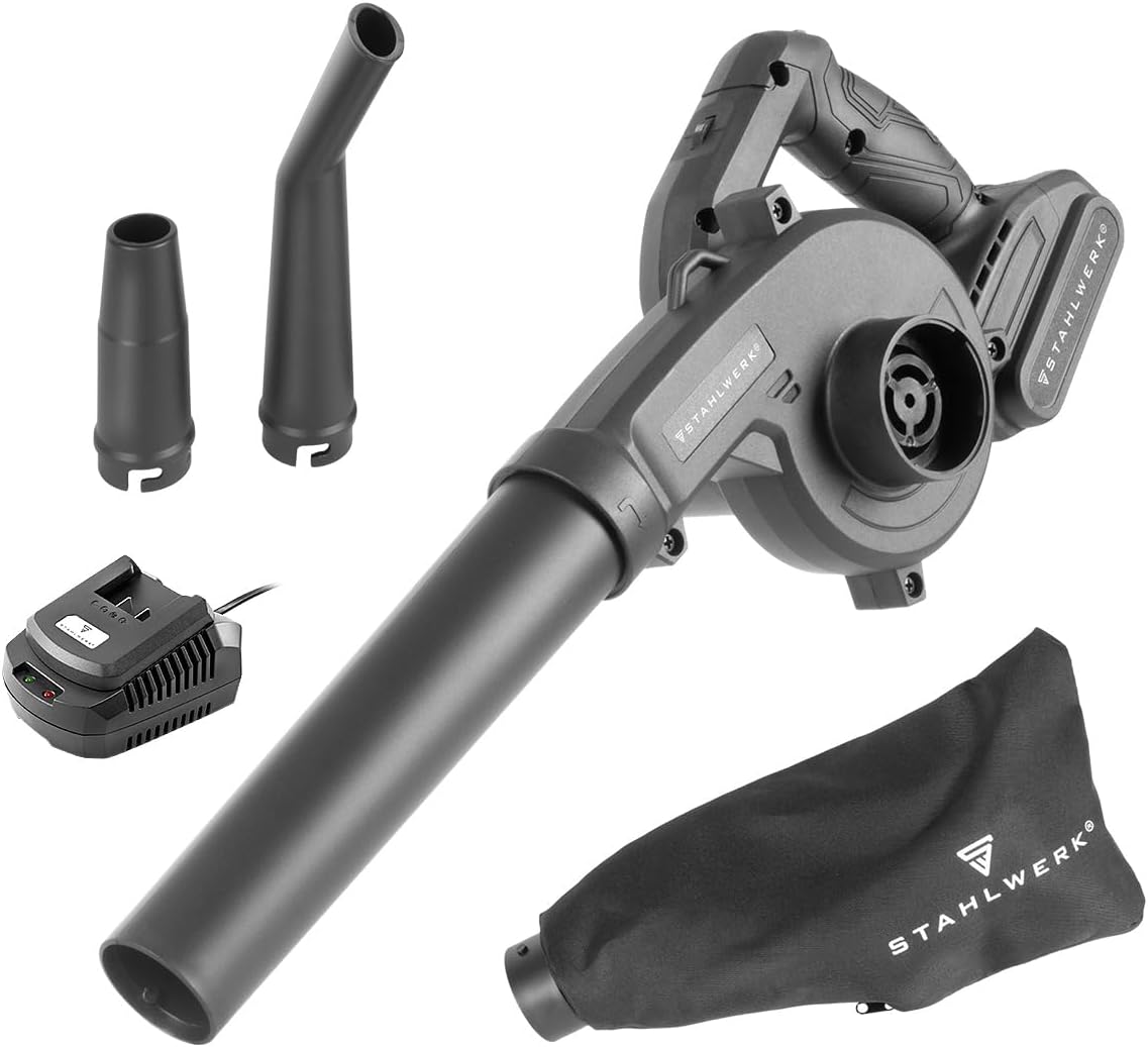 STAHLWERK Souffleur et aspirateur sans fil 2 en 1 MAG-20 ST - 20 V avec 2 Ah, souffleur compact sans balais pour jardin, route, atelier et voiture