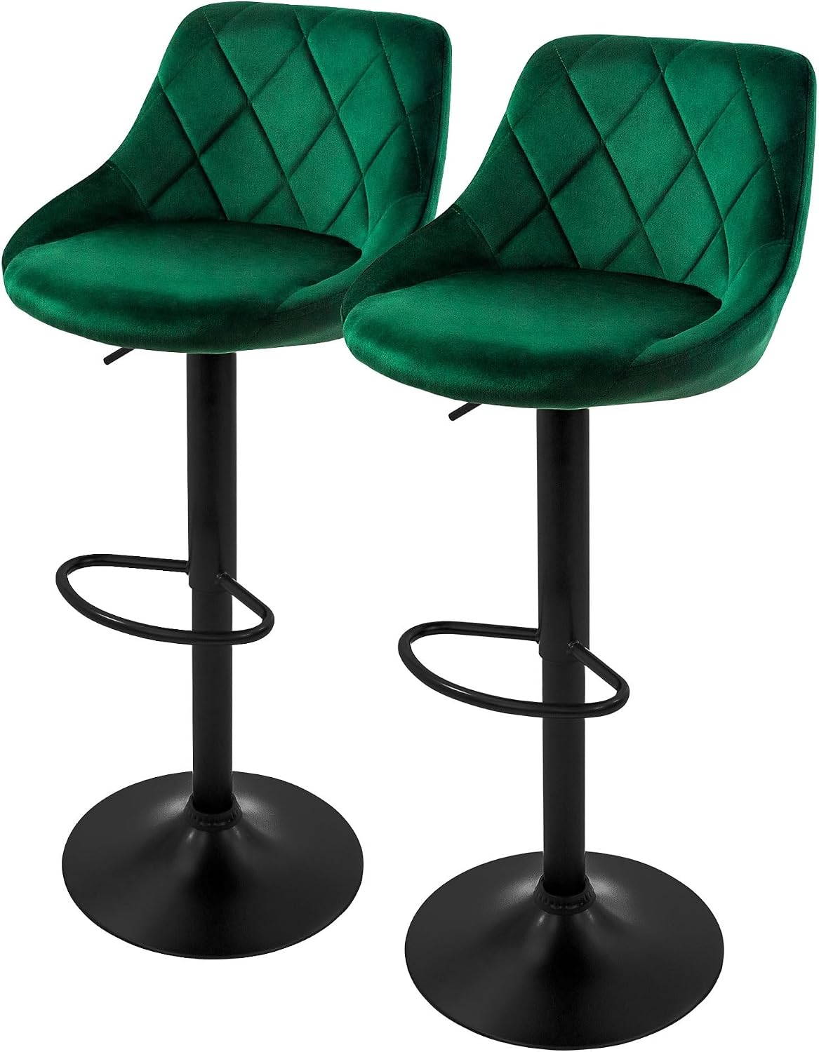ML-Design Lot de 2 Tabourets de Bar en Velours, Vert, Chaise Rembourrée avec Dossier et Repose-Pieds, Réglable en Hauteur 62-82 cm, Pivotante à 360°