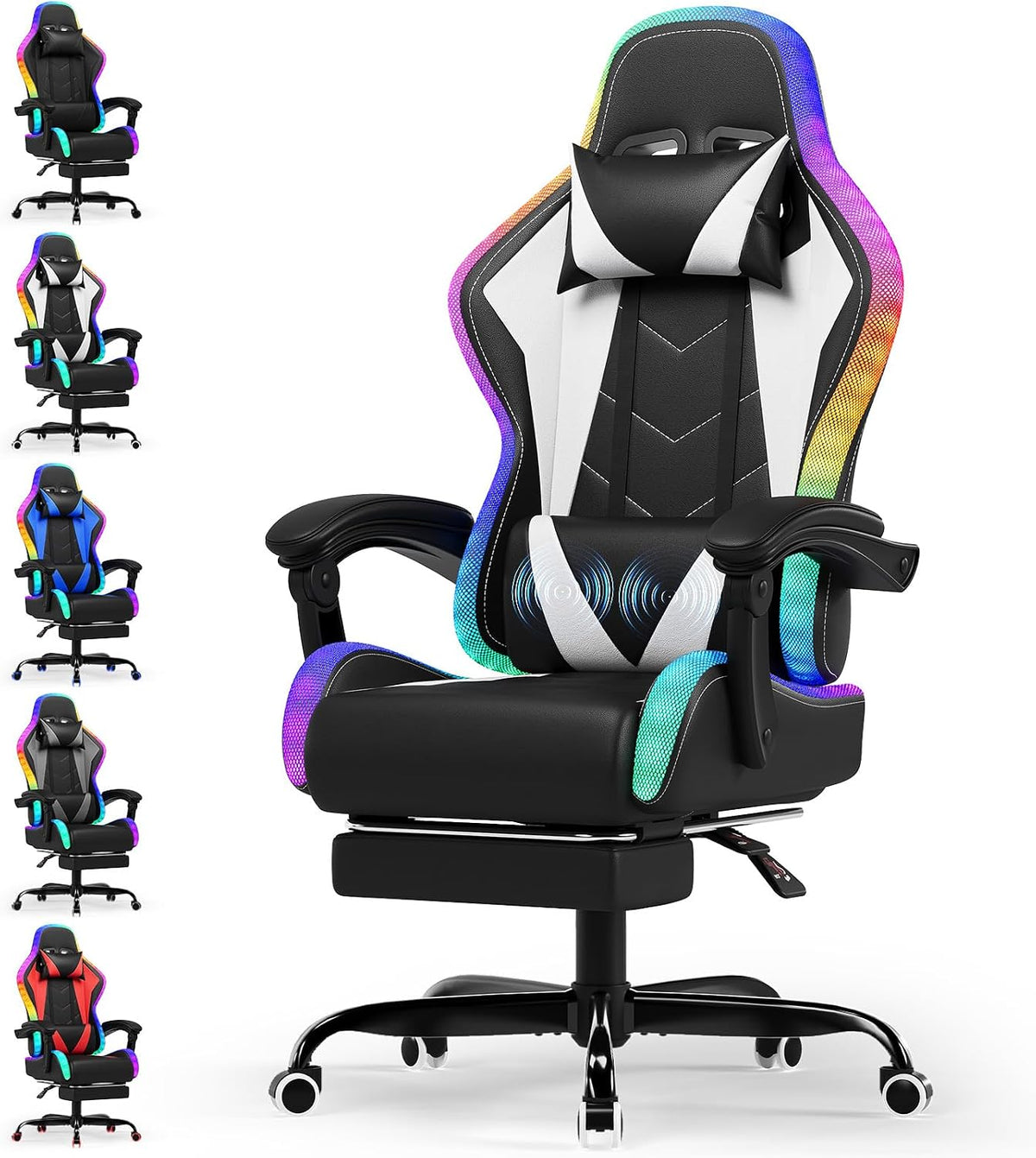 Devoko Chaise Gaming Ergonomique avec LED RGB, Massage Lombaire & Repose-Pieds, Fauteuil Gamer avec Appui-tête réglable