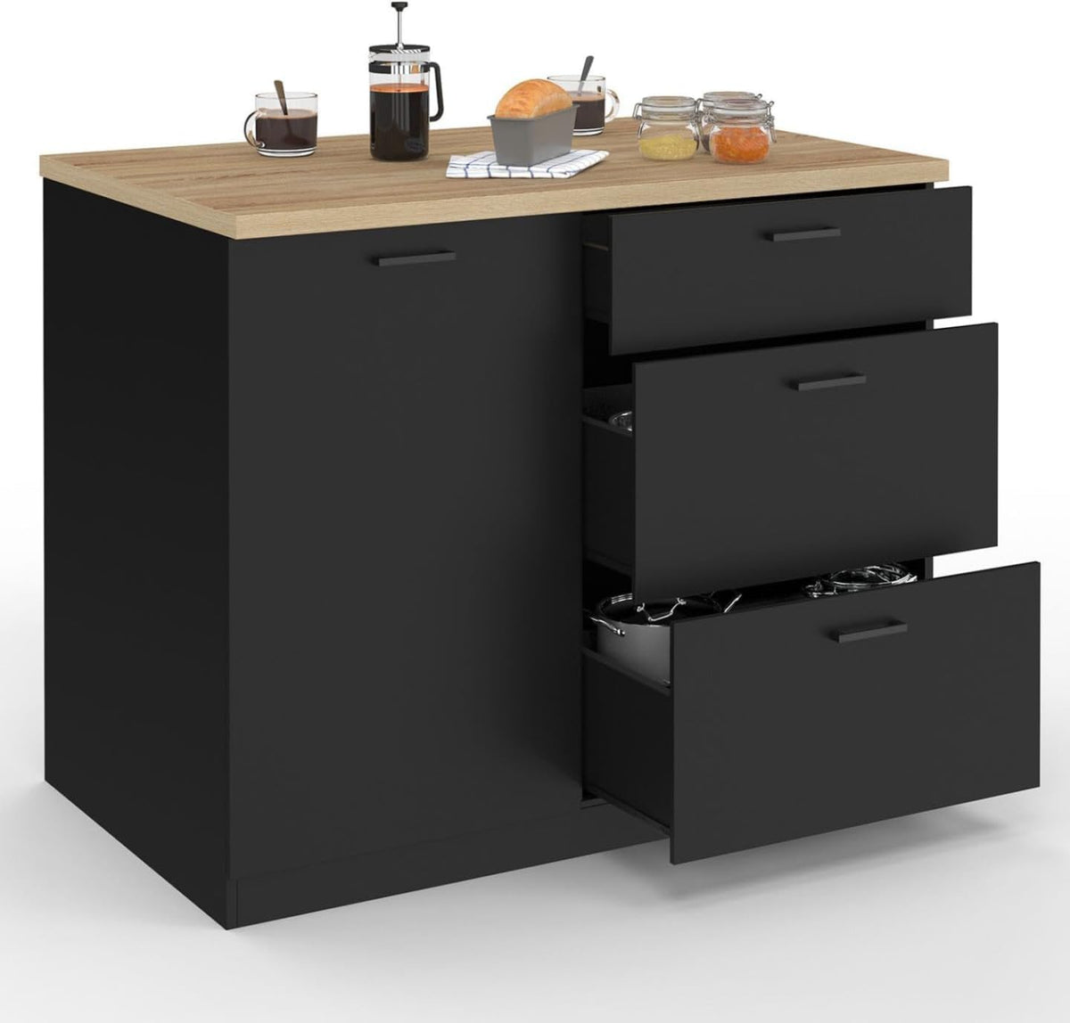 IDMarket - Ilot Central TIBO 110 cm casserolier 3 tiroirs Bois Noir avec Plan de Travail façon hêtre