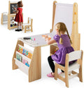 COSTWAY Table Enfant avec Chaise & Tableau Noir & Tableau Blanc, Table à Dessin avec 2 Étagères Ouvertes & Bibliothèque, Rouleau de Papier