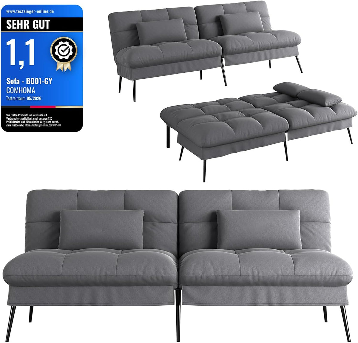 COMHOMA canapé Convertible en Peluche, canape 3 Places, Style Moderne, pour Salon, Appartement, Petit Espace, Pieds en métal 174 * 51 * 72cm, Gris