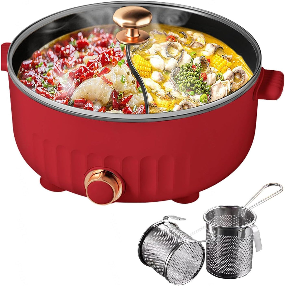 ARTSIM Fondue Chinoise Electrique, Coupure Automatique De L'Alimentation Fondue Chinoise Electrique Convient Aux Petites FêTes (avec 2 Filets Non