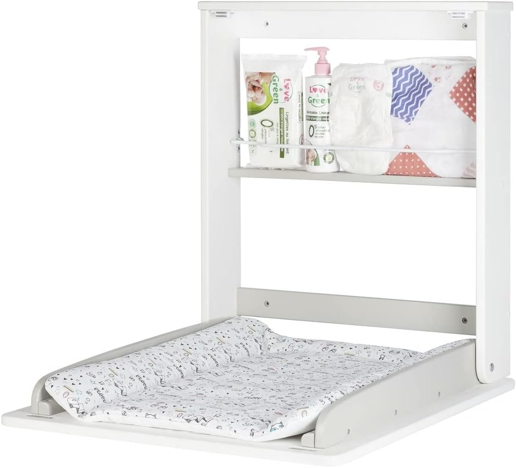 Badabulle Table à langer Pliable Plouf - Table à Langer Murale Rabattable - Ultra Compacte pour Petites Pièces - Matelas à Langer Inclus