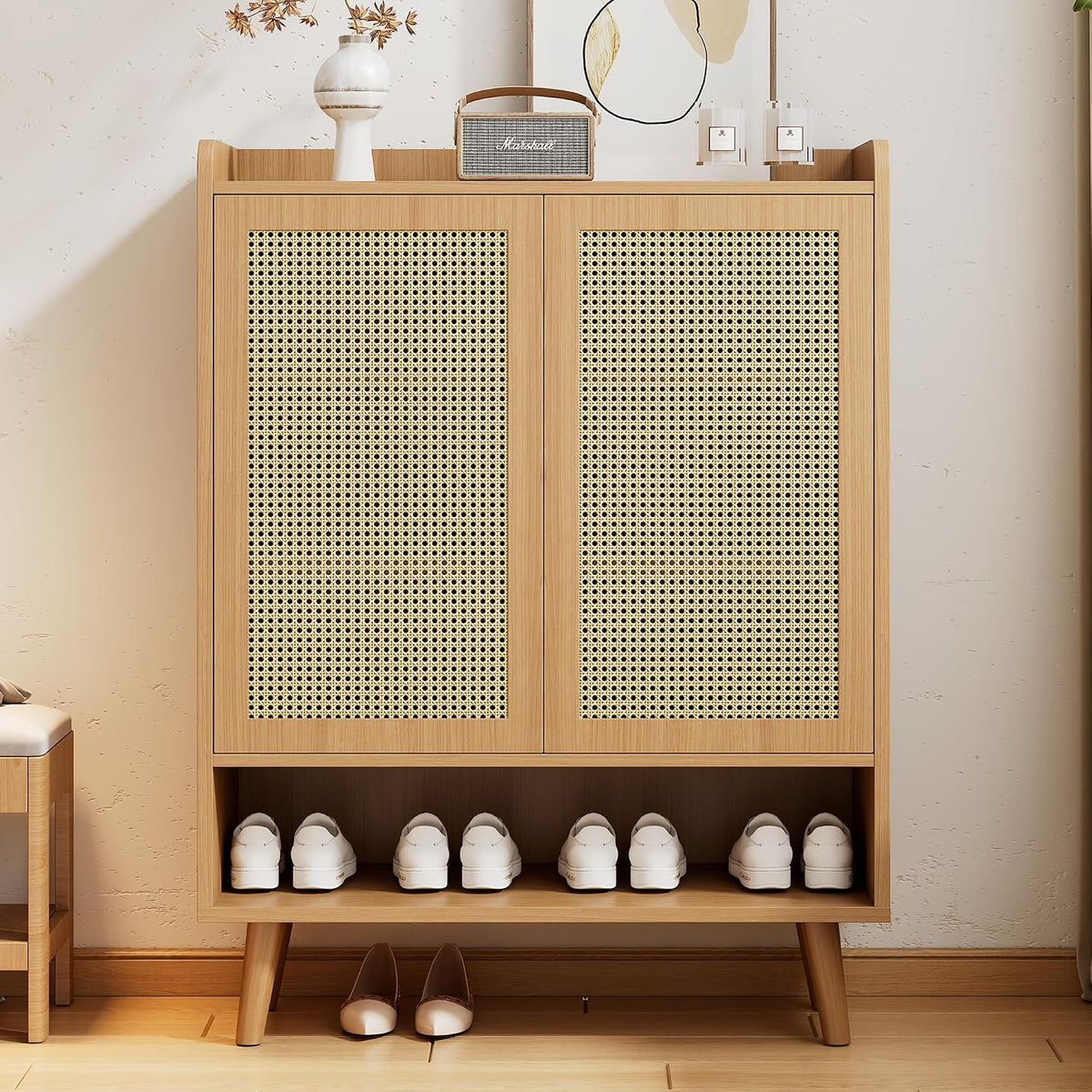 Merax Buffet en rotin avec 2 portes et 5 étagères, pieds en bois massif et poignées en bois, armoire de rangement de style maison de campagne