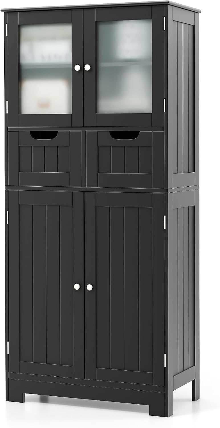 COSTWAY Meuble de Salle de Bain à 4 Portes 2 Tiroirs, Colonne Salle de Bain Armoire Haute avec Étagères Réglables pour Salon, Cuisine