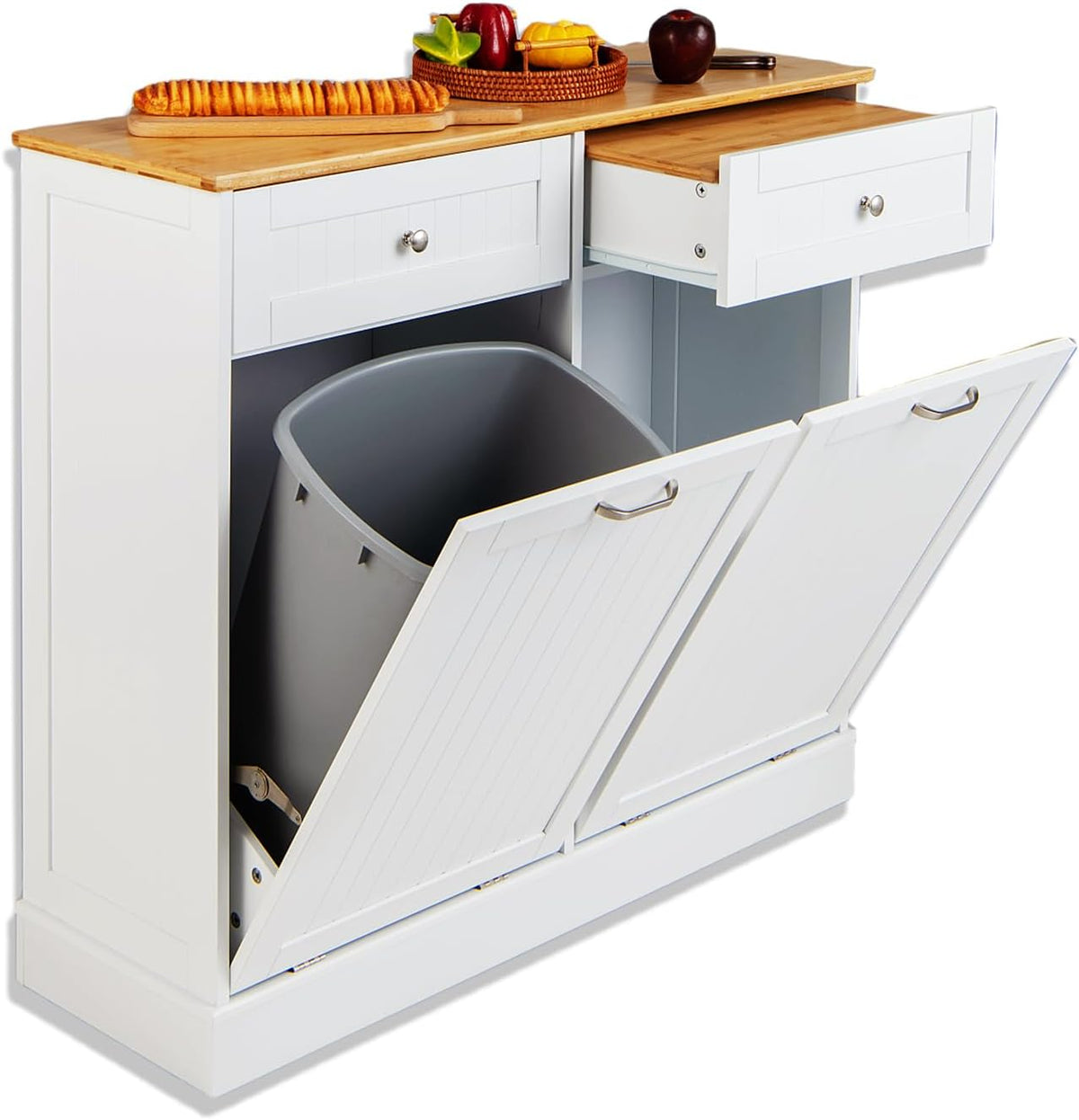 KOMFOTTEU Buffet de Salle à Manger avec Planche à Découper, Armoire avec Support pour Poubelles 40 L & Tiroir, Armoire Polyvalente de Cuisine