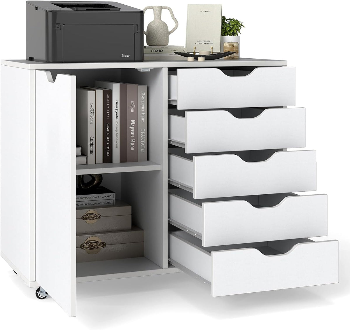 KOMFOTTEU Armoire de Document avec 5 Tiroirs, Caisson de Rangement Mobile avec Armoire à Porte, Meuble d'Imprimante de Bureau