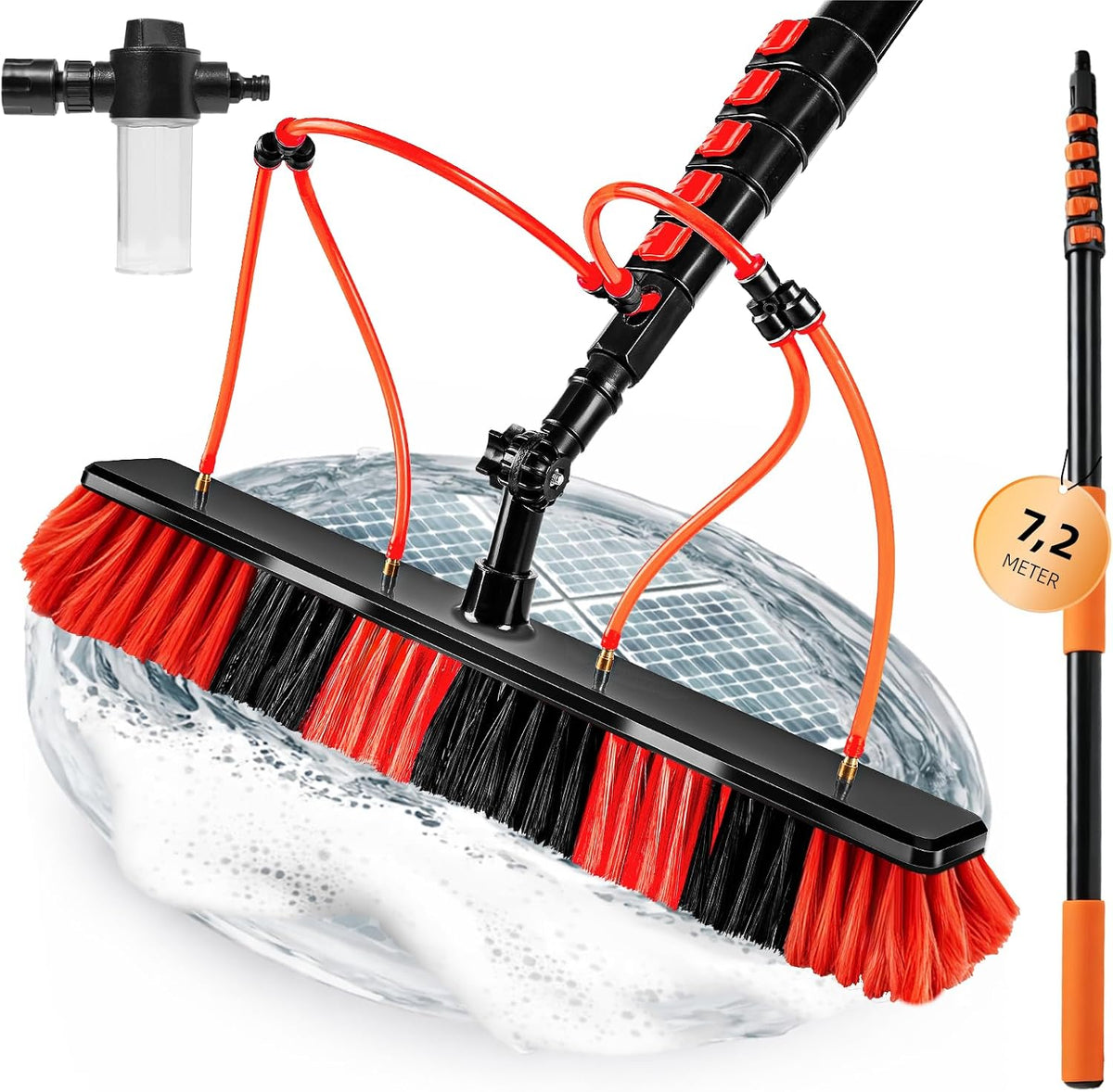 XDOVET 7.2M à 4 Trous Brosse Telescopique Toiture, Manche Telescopique 1pcs, Perche Nettoyage Toiture avec Raccord d'eau