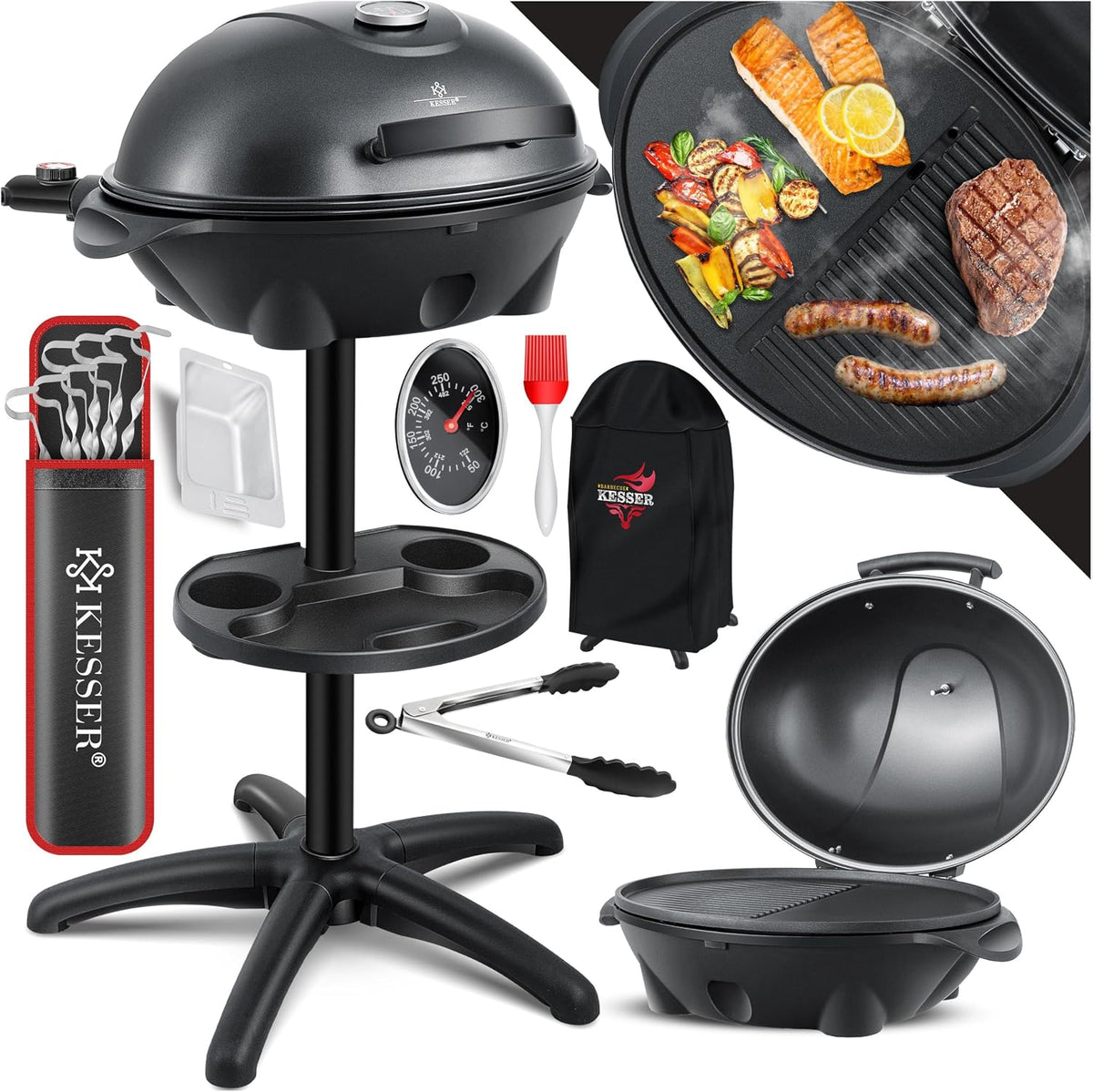 KESSER Barbecue électrique 2 en 1, sur pied, couvercle, thermomètre, 2400 W, revêtement antiadhésif, plaque de cuisson XXL, rangement intégré