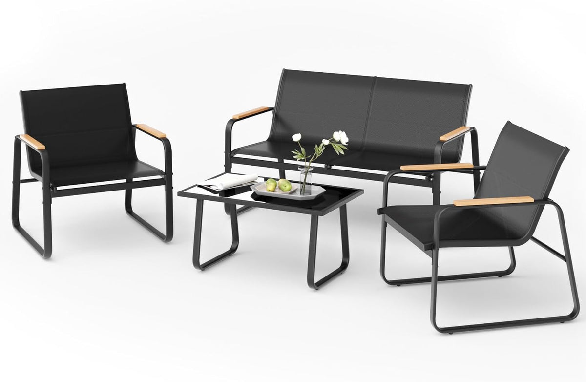 Mondeer Ensemble de Salon de Jardin Exterieur 4 Personnes, Mobilier de Balcon en métal et textilène avec 3 Fauteuils et 1 Table en Verre