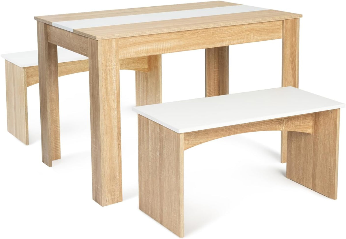 IDMarket - Ensemble Table à Manger et 2 bancs ROZY 4 Personnes façon hêtre et Blanc 110 cm