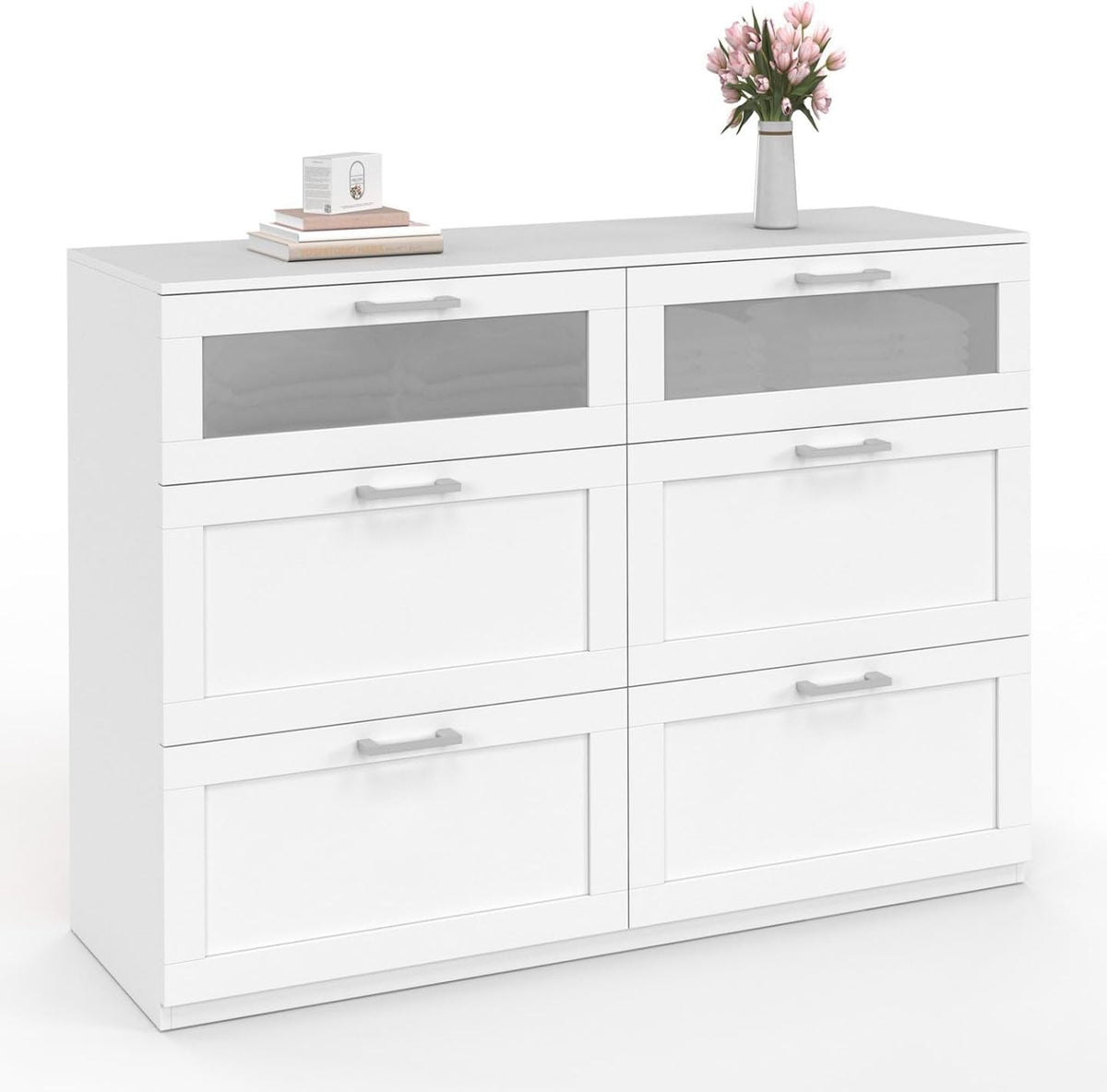IDMarket - Commode 6 tiroirs VITO 110 cm Bois Blanc et Effet givré