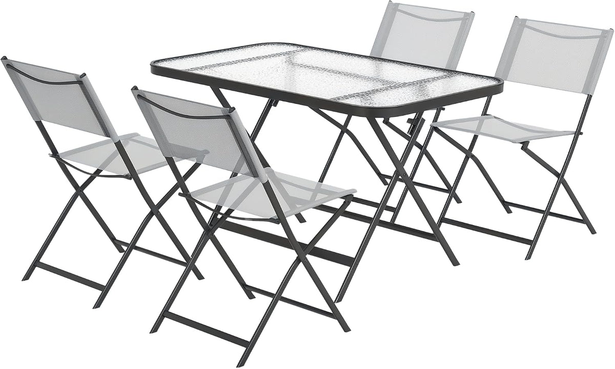 Outsunny Ensemble de Jardin 4 chaises + 1 Table Salon de Jardin 5 pièces pilables chaises textilènes et Plateau en Verre trempé Gris