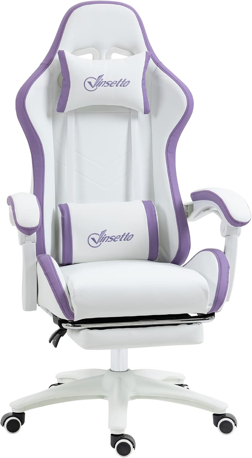 Vinsetto Chaise Gaming Fauteuil Gaming Ergonomique Repose-Pieds télescopique, Dossier inclinable à 135°, Appui-tête réglable et Soutien Lombaire