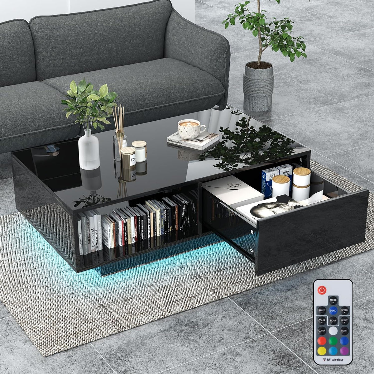 GOPLUS Table Basse Laquée avec 20 Lumières LED Couleurs et Télécommande, Table Basse Salon Noir Charge 65KG