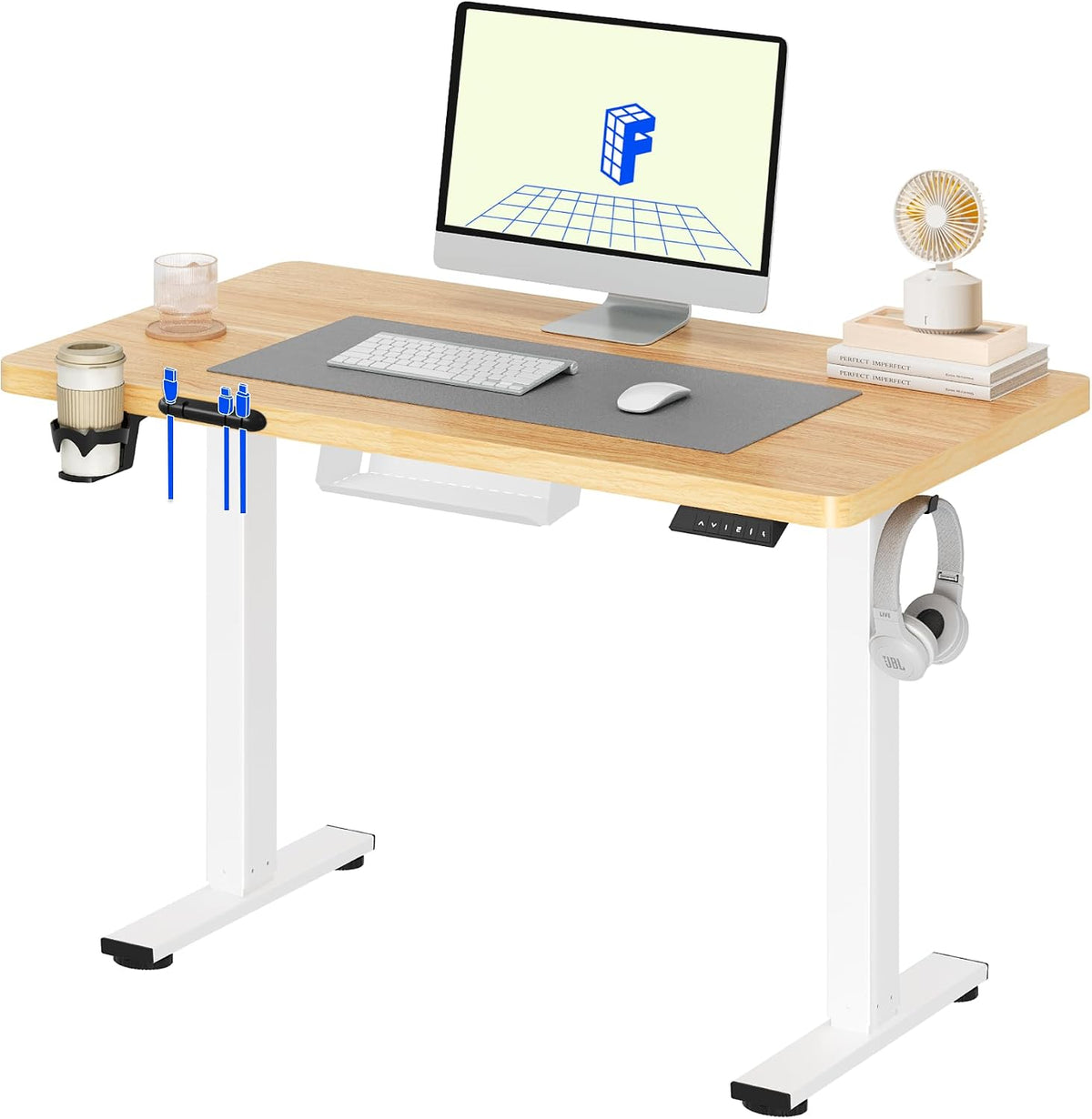 FLEXISPOT Bureau Assis Debout Basic, 110x54cm Une Pièce, Bureau Électrique Réglable en Hauteur, avec Porte-gobelets et Crochets