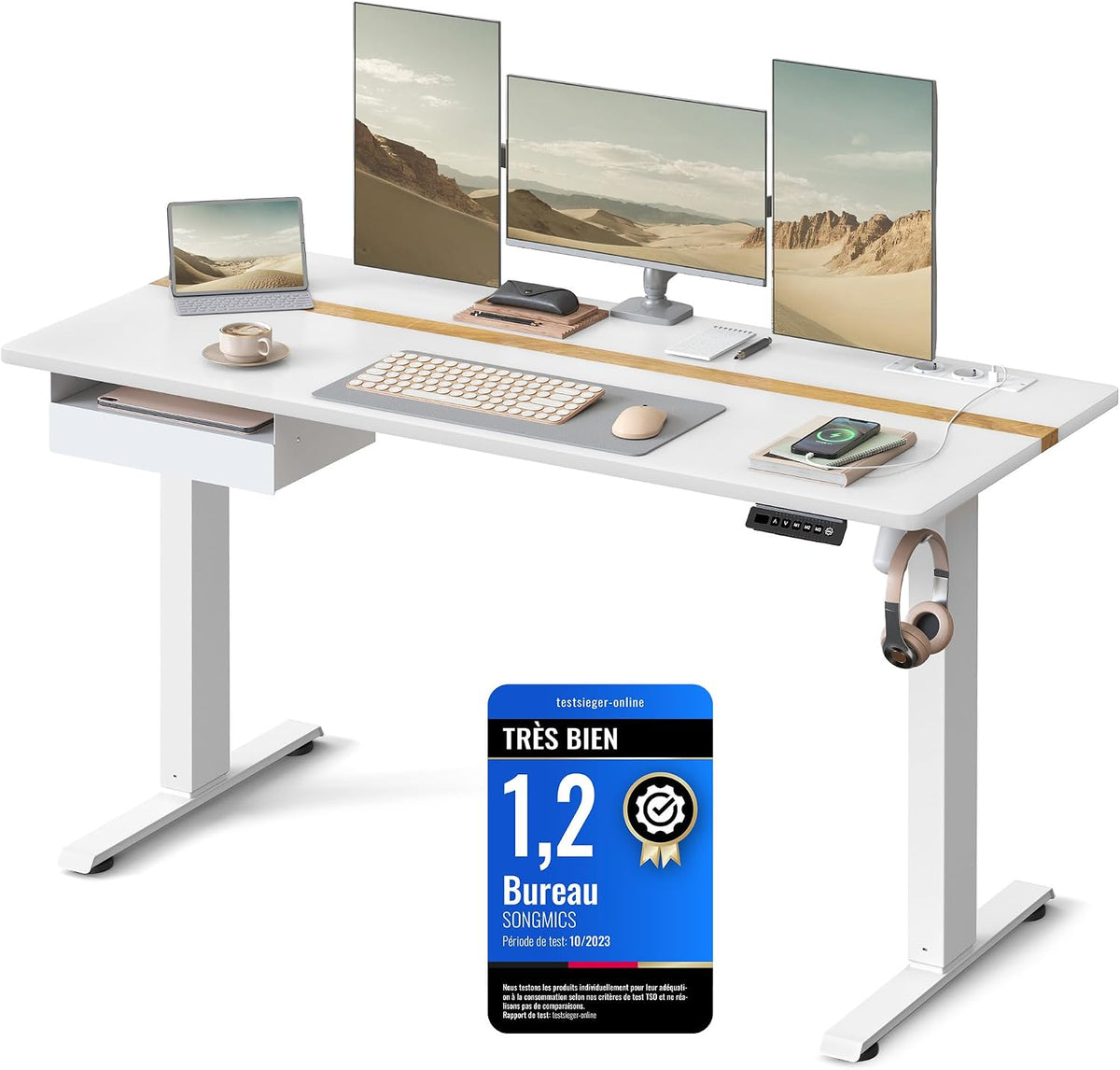VASAGLE Bureau Électrique Réglable en Hauteur, Bureau Assis-debout, Multiprise, Tiroir, 70 x 160 cm, Réglable en Continu