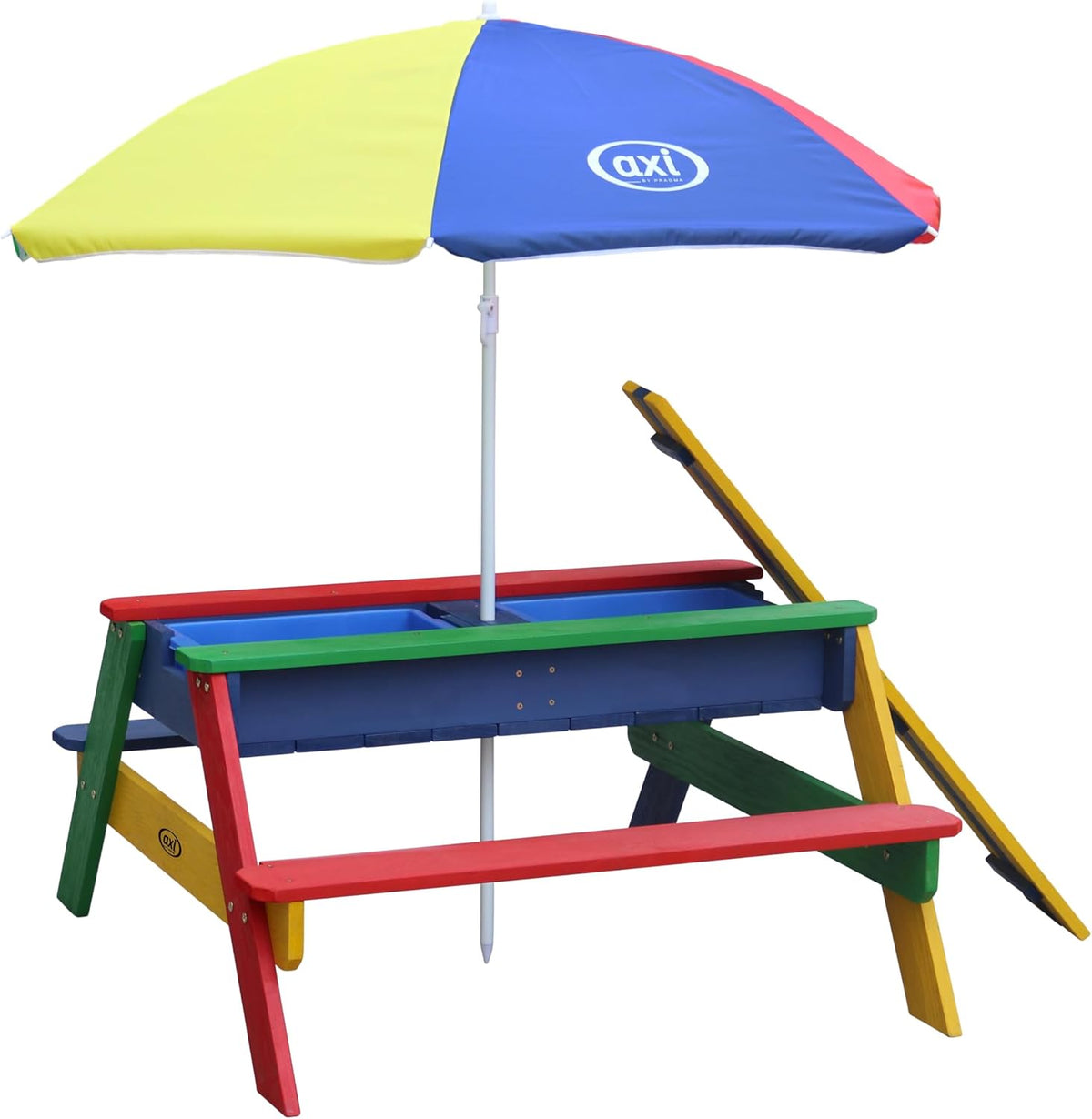 AXI Nick Table Sable et Eau/Pique Nique avec Parasol en Bois Multicouleur, 95 x 97 x 48 cm, avec Couvercle, Boîtes de Rangement & Parasol