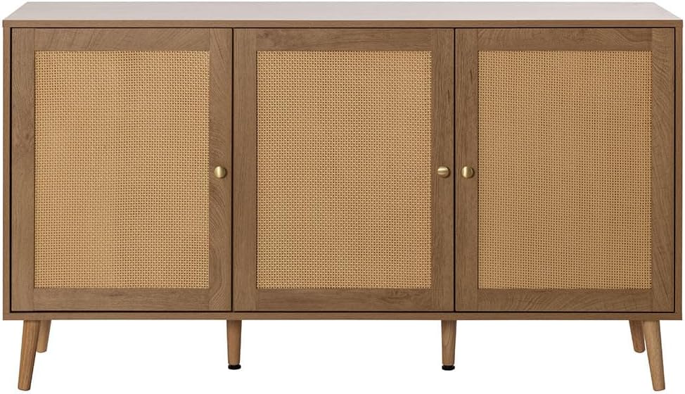 Bestmobilier - Goto - Buffet Bas - Effet Bois et cannage - 3 Portes - 140 cm, Bois
