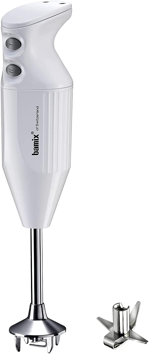 Bamix One Mixeur plongeant blanc avec lames en acier multifonction de 160 W et 2 vitesses, fabriqué en Suisse, processeur alimentaire à main robuste