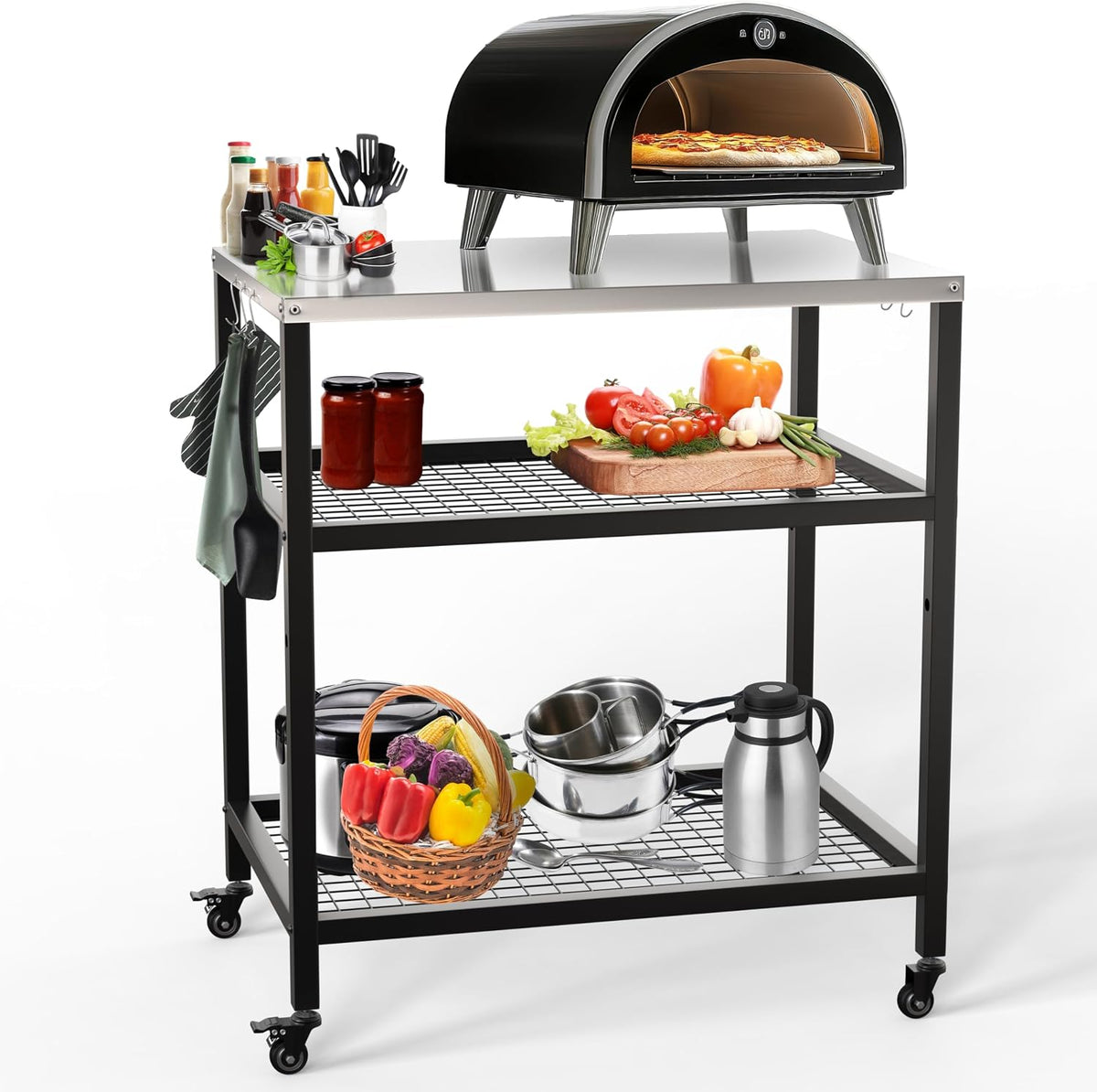 Support de four à pizza d'extérieur pour barbecue - Table de four à pizza en acier inoxydable - Table sur roulettes