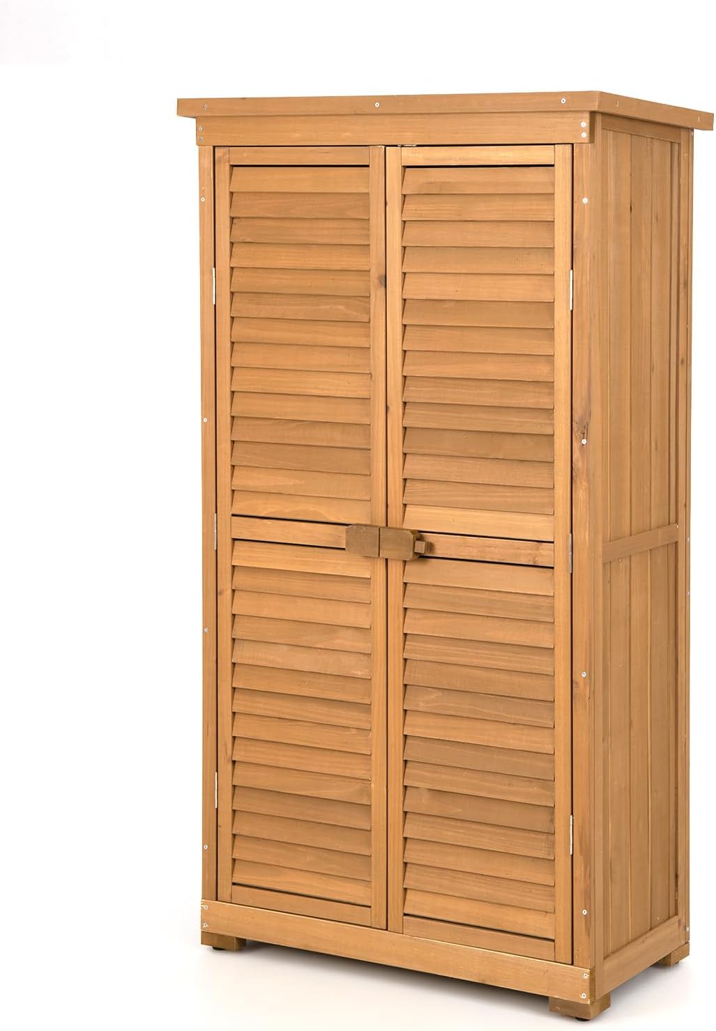 GOPLUS Armoire de Jardin en Bois de Sapin, Armoire Impermpéable avec Portes à Persiennes Verrouillable et Toit en Bitume, 2 Etagères Amovibles