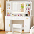 ANWBROAD Grande Coiffeuse avec Miroir et Tabouret Éclairage LED Réglable Moderne Blanche avec Prise 3 Couleurs Luminosité Réglable Coiffeuse 4