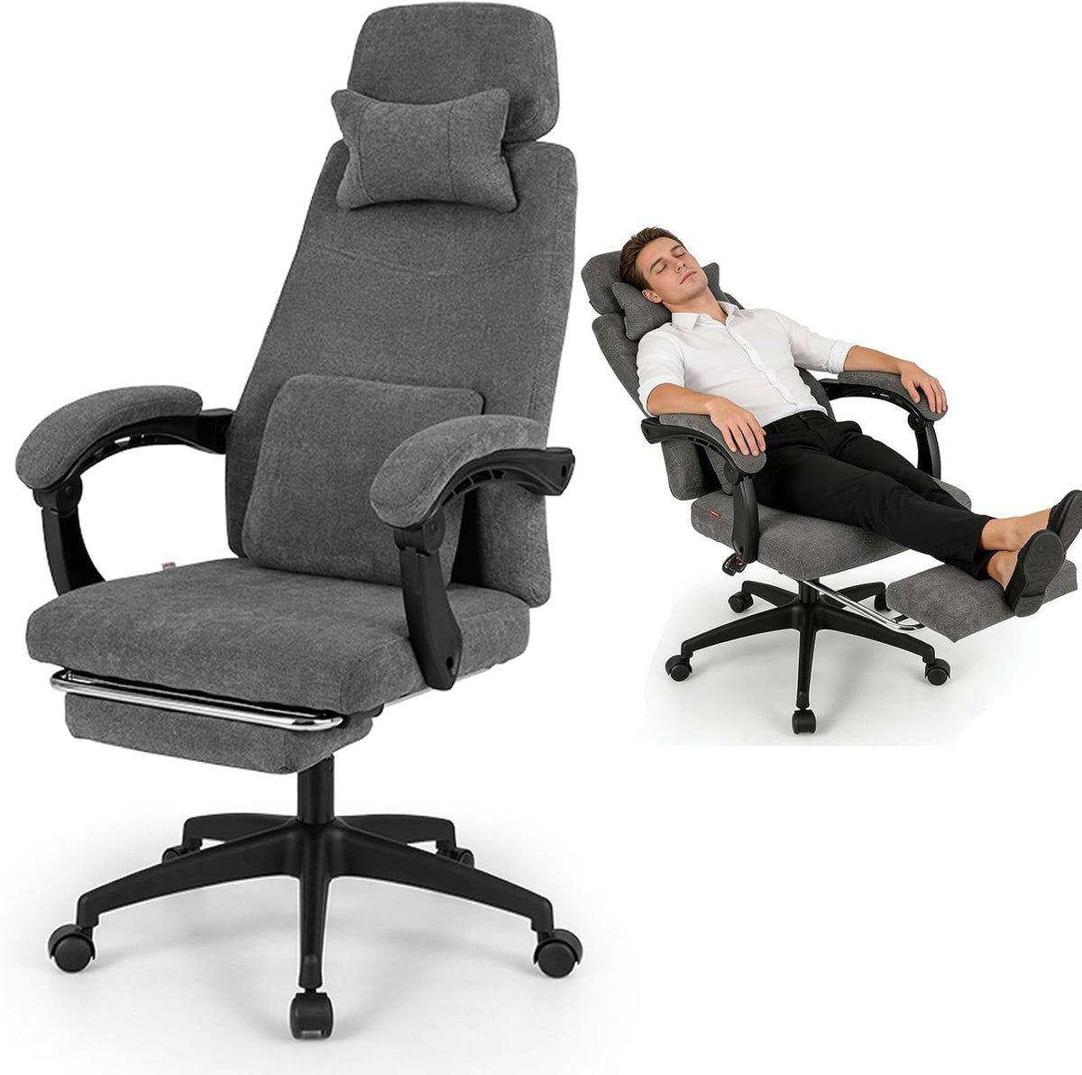 GYMAX Chaise de Bureau Confortable avec Repose-Pieds Rétractable, Appuie-Tête et Coussin Lombaire