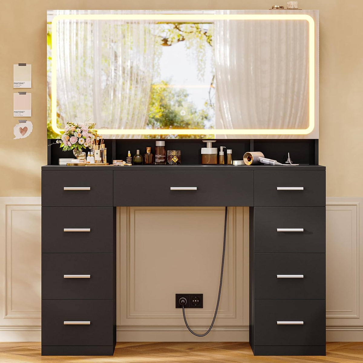 AOGLLATI GrandeCoiffeuse avec Miroir LED Grand Format, Miroir Coiffeuse avec Multiprise, 9 Tiroirs et 3 Niches Ouvertes, Coiffeuse avec Rangement