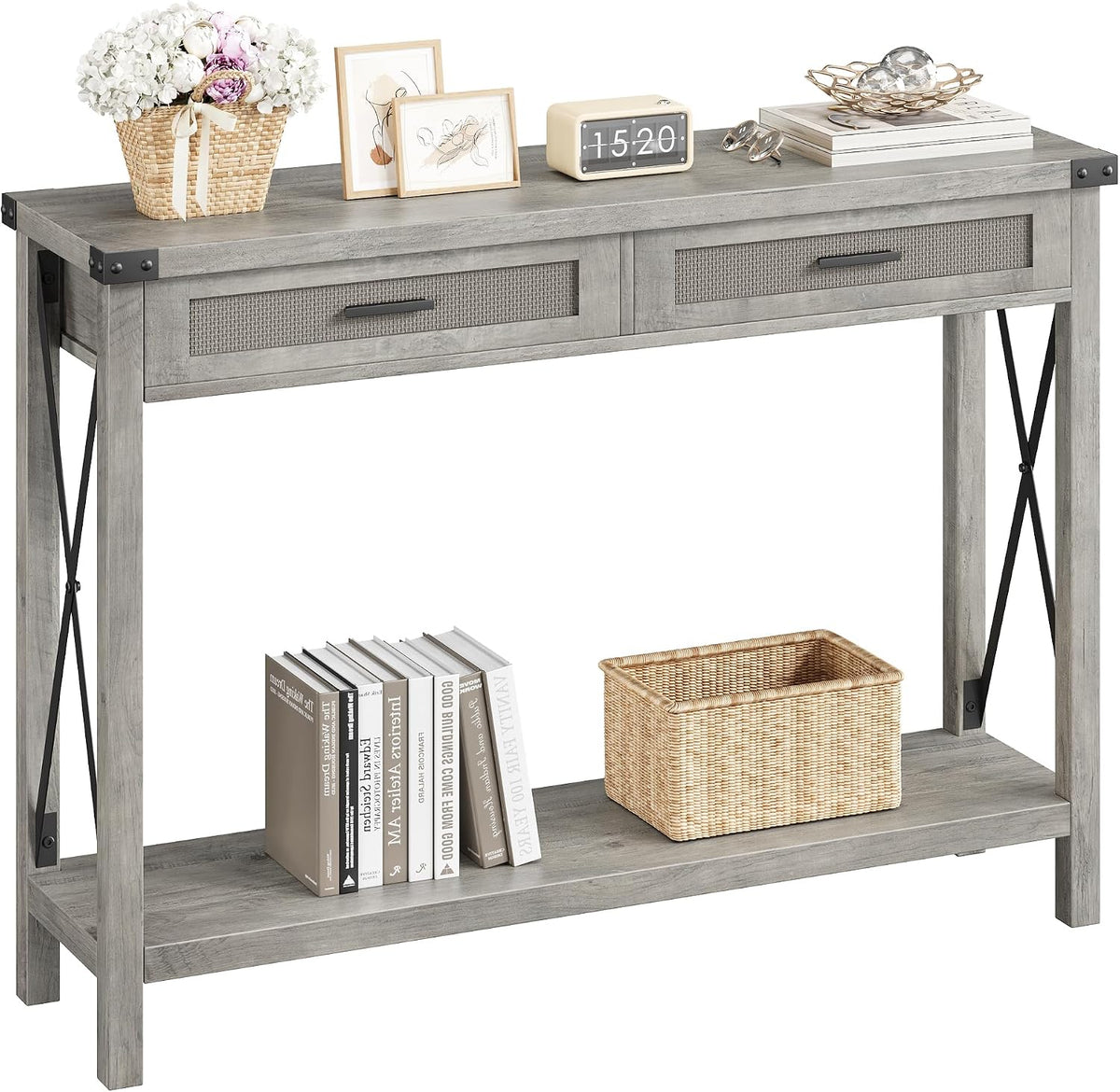 Table console en bois avec 2 Tiroirs, Meuble d'entrée à 2 Niveaux avec Étagères de Rangement