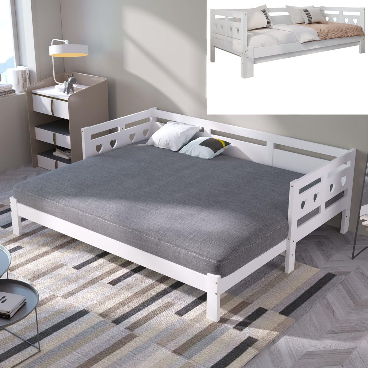 Sweiko Lit de Jour 90 * 190cm Extensible en pin Massif, lit gigogne pour Adolescent, avec sommier à Lattes, Design en Forme de cœur, Blanc