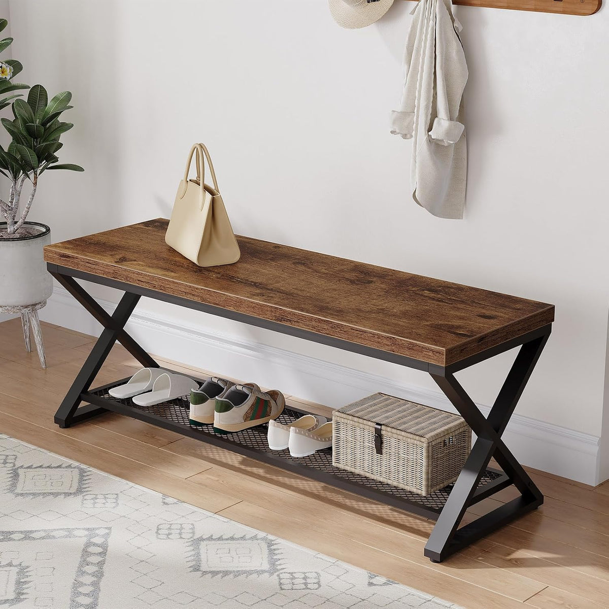 LVB Banc d'entrée Industriel avec Rangement Banc de Rangement intérieur en Bois et métal pour Salon Chambre chaussurescouloir Marron Rustique 120cm