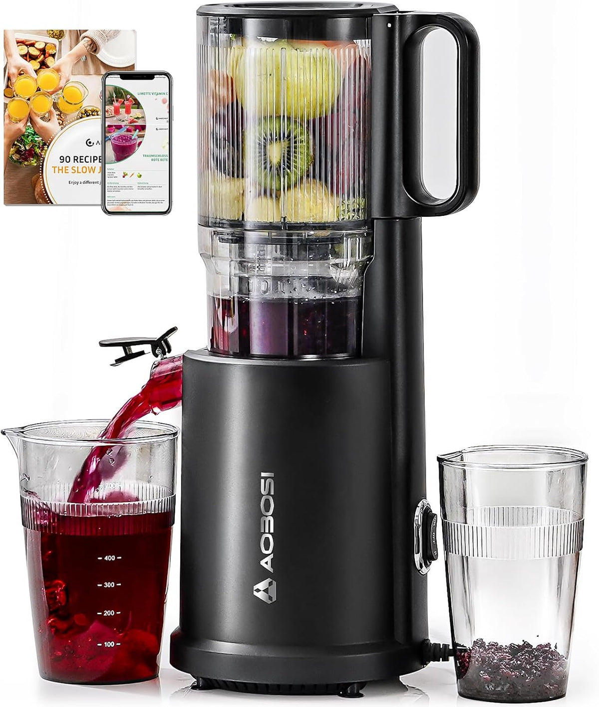 AOBOSI Extracteur de jus, 135 mm, XXL, ouverture de remplissage, 90 tr/min, moteur en cuivre silencieux, sans BPA, haut rendement