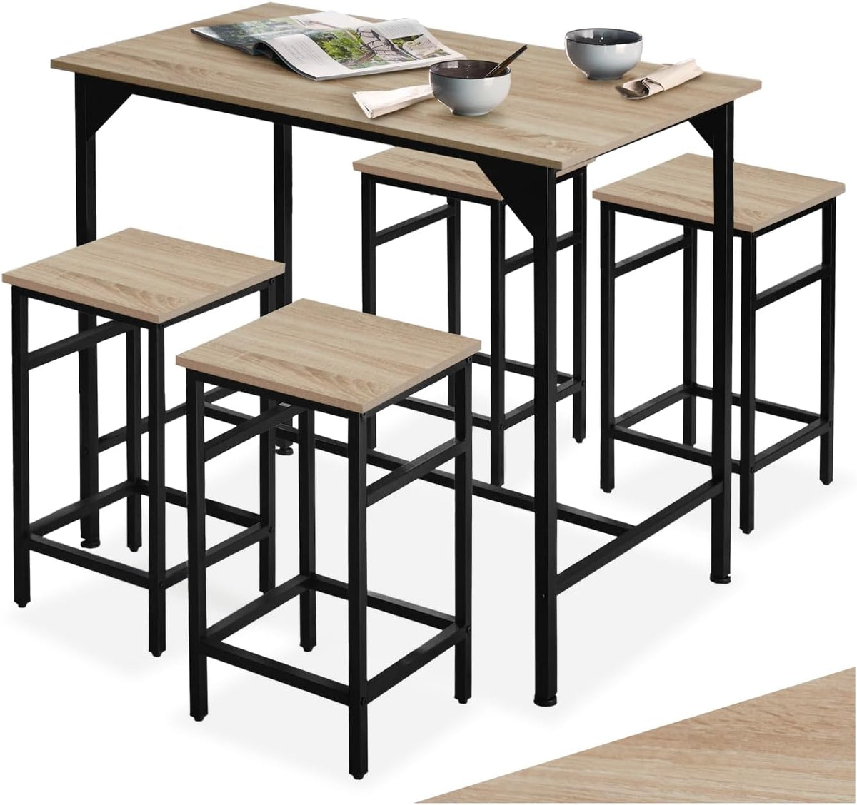 tectake Ensemble de Bar 5 pièces, Table Haute 100 x 60 x 88,5 cm et 4 Tabouret Bar 32 x 32 x 58 cm, Style Industriel