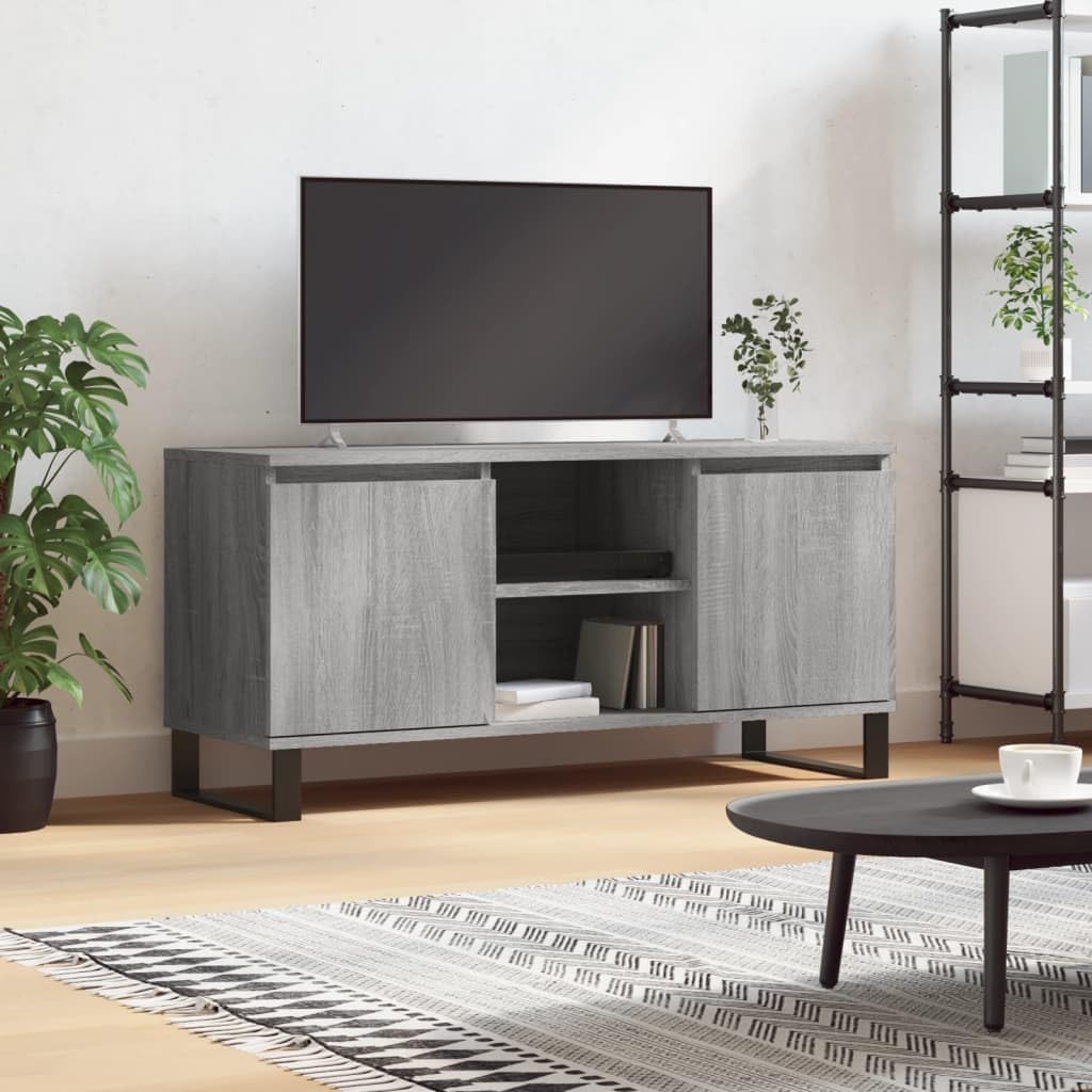 Meuble TV - Gris Sonoma - 104 x 35 x 50 cm - En bois et pieds en fer - Robuste - Avec 4 compartiments de rangement - Buffet moderne - Pour salon