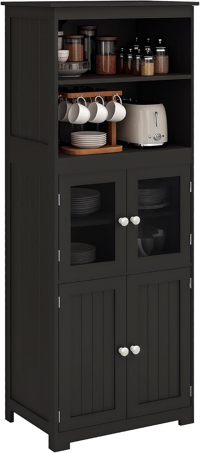 HOMCOM Armoire de Cuisine Buffet Cuisine vaisselier Meuble de Rangement avec 2 niches, 2 placards avec 4 Portes Dont 2 Portes vitrées