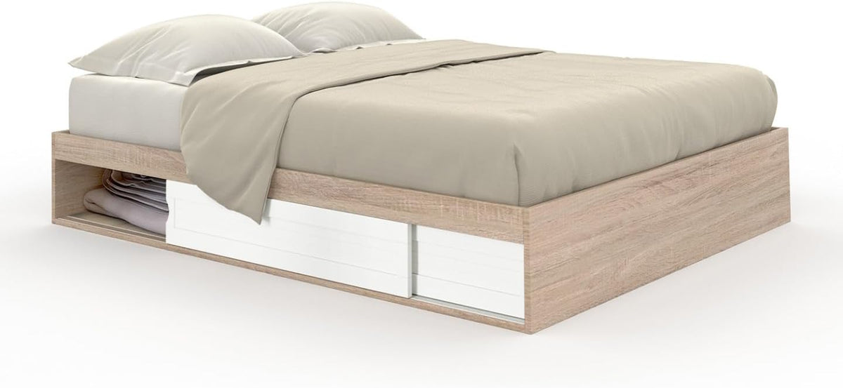 IDMarket - Cadre de lit Double Salem avec rangements et sommier 160 x 200 cm façon hêtre et Blanc