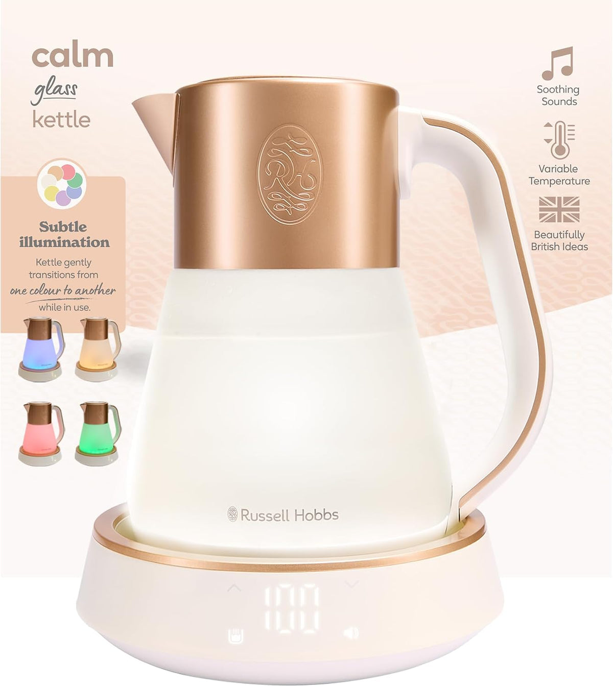 Russell Hobbs Bouilloire en verre 1,7L, température réglable 40-100° Calm (éclairage intérieur & son apaisant, Technologie Quiet-Boil