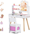 COSTWAY Coiffeuse Enfant Fille avec Chaise et Miroir Lumineux, Bureau Enfant avec 2 Tiroirs & Compartiments & Étagère Ouverte