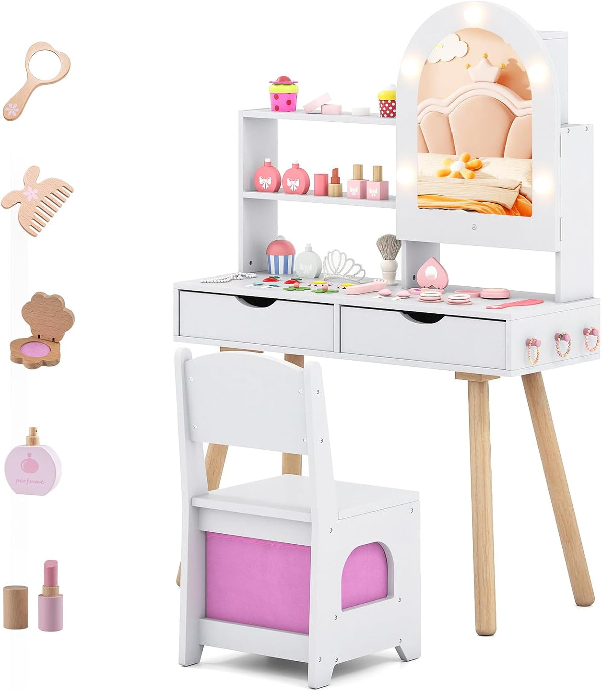 COSTWAY Coiffeuse Enfant Fille avec Chaise et Miroir Lumineux, Bureau Enfant avec 2 Tiroirs & Compartiments & Étagère Ouverte