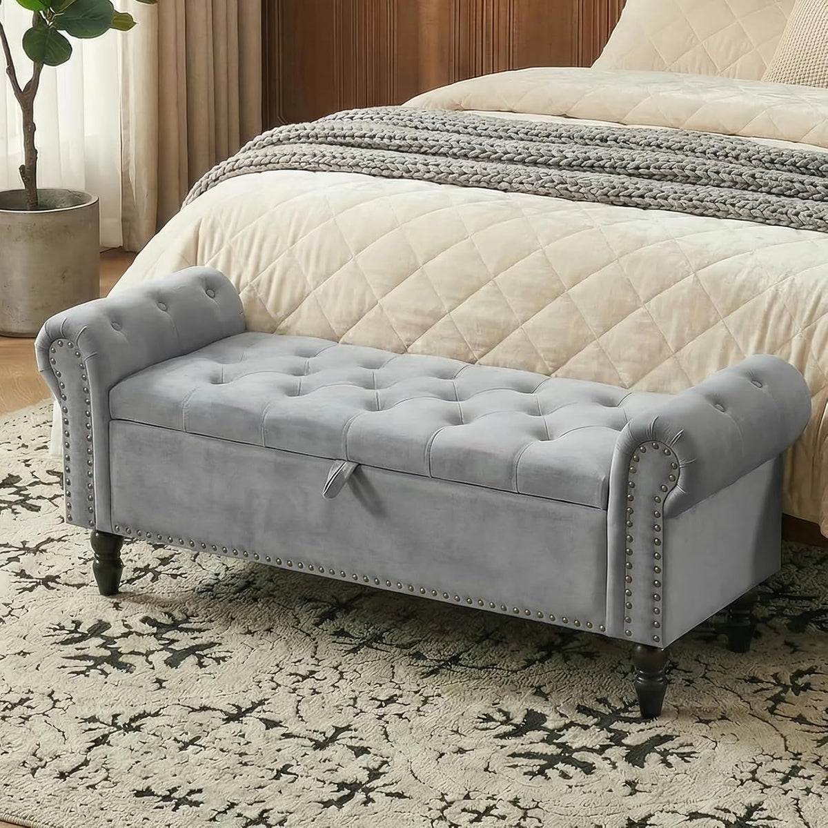 Clevich Banc de Rangement 133cm, Velours Coffre Bout de Lit 133 x 46 x 53 cm, Style Luxueux, avec Réversible Couvercle, avec Pieds en Bois