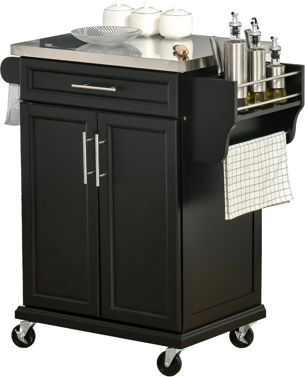 HOMCOM Dessert Cuisine desserte à roulettes îlot Central Cuisine avec Plateau en Acier INOX, étagère réglable, tiroir, Porte-épices, Porte-Couteaux