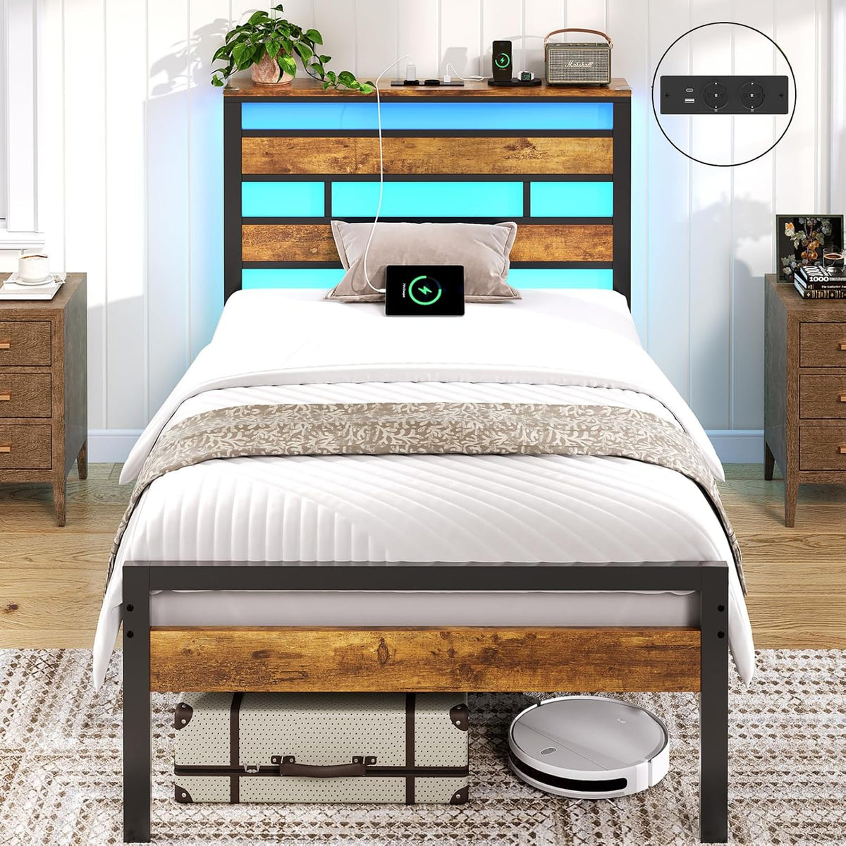 Lit 90x200cm en Métal avec Étagère de Rangement, Lit 1 Personne avec Lumières LED et Multiprise Cadre de lit 90x200 avec sommier Métal